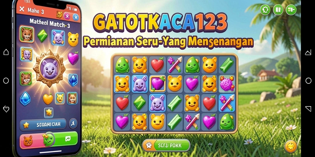 Tampilan gameplay GATOTKACA123 dengan level Match-3 yang penuh warna.
