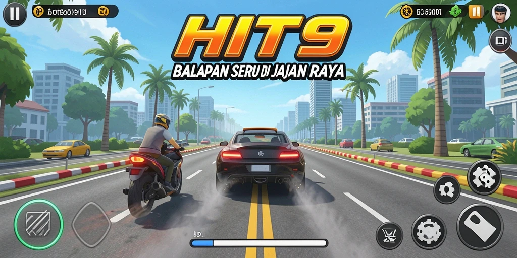 Screenshot utama HIT9 menampilkan aksi balapan dengan mobil yang melaju kencang di lintasan.