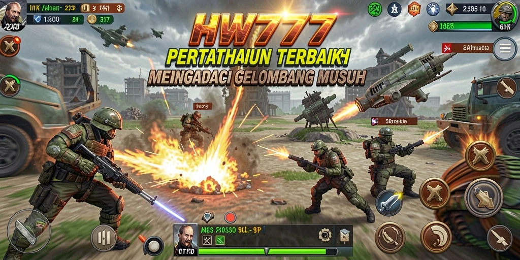 Screenshot HW777 menampilkan aksi strategis dalam gameplay Tower Defense.