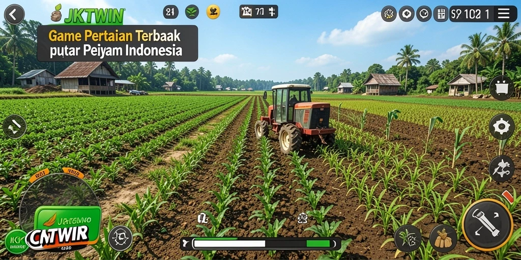 Tampilan gameplay JKTWIN dengan ladang yang subur dan hewan ternak.