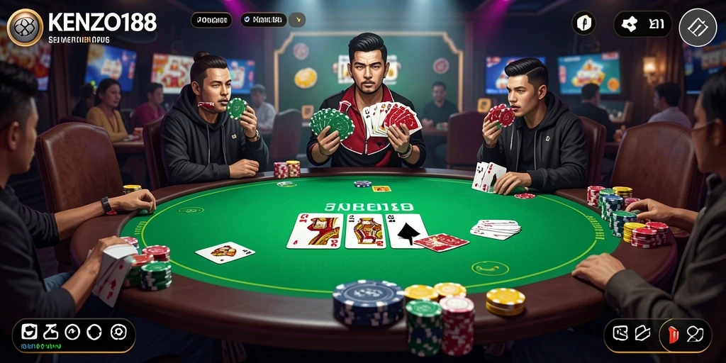 Tampilan gameplay seru di KENZO188 dengan pemain yang berkompetisi di meja Poker.