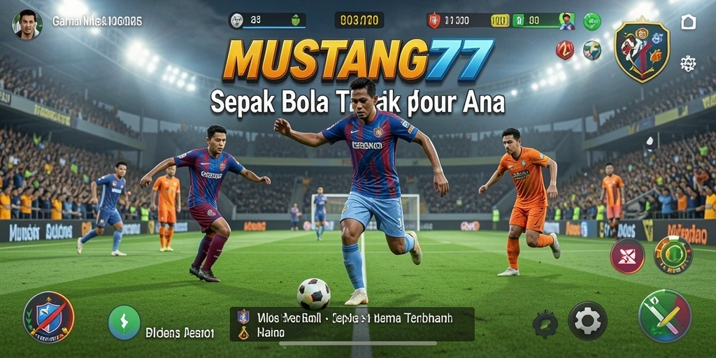 Tangkapan layar utama MUSTANG77 menampilkan aksi seru dari pertandingan sepak bola.