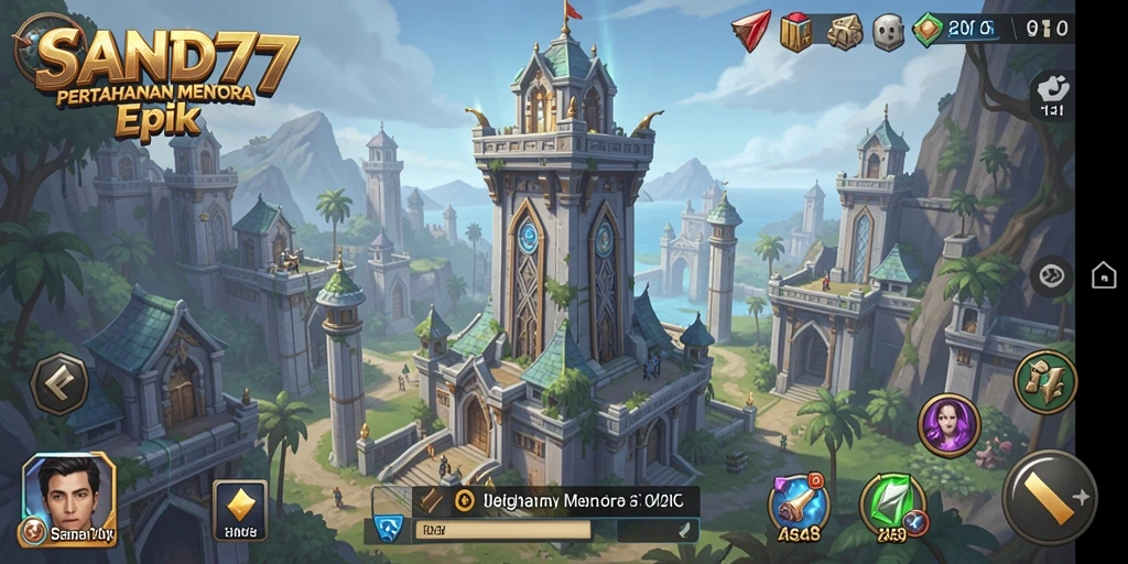 Screenshot gameplay SAND77 menampilkan aksi menara pertahanan yang mendebarkan.