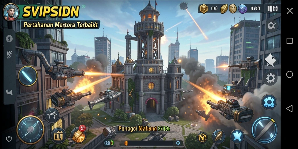 Tampilan gameplay menegangkan dari SVIPSIDN dengan menara dan musuh yang beragam.