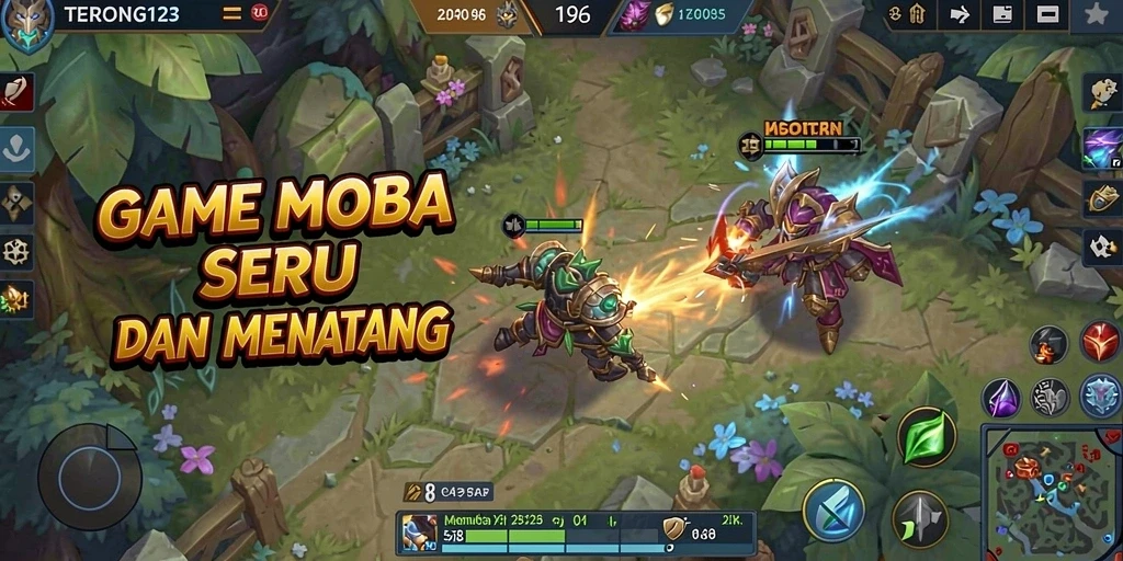 Screenshot gameplay menampilkan aksi seru dalam arena pertarungan MOBA.