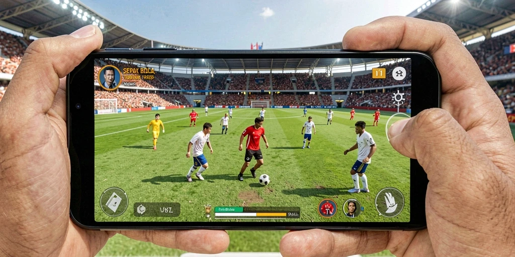 Tangkapan layar gameplay V87 menunjukkan aksi seru permainan sepak bola.