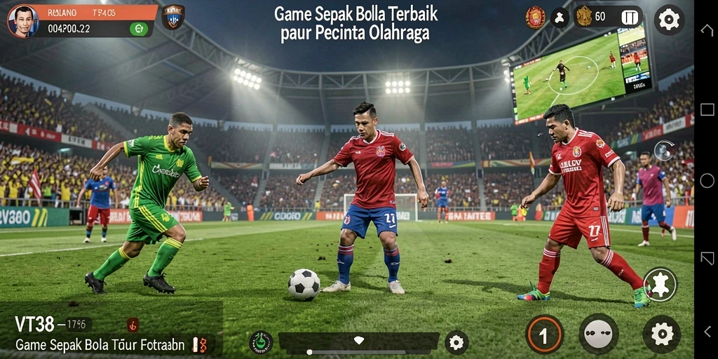 Tangkapan layar permainan VT38 dengan aksi sepak bola seru.